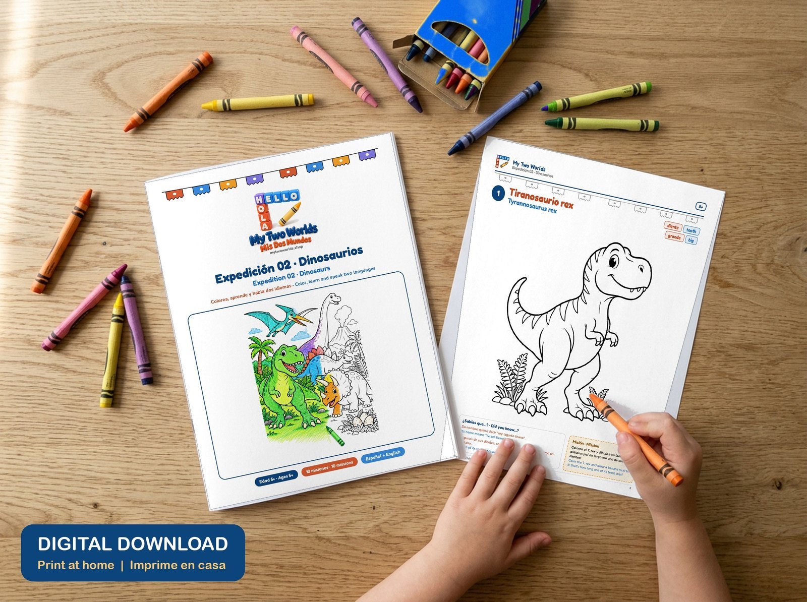 Expedición 02 · Dinosaurios impresa sobre una mesa, con crayones