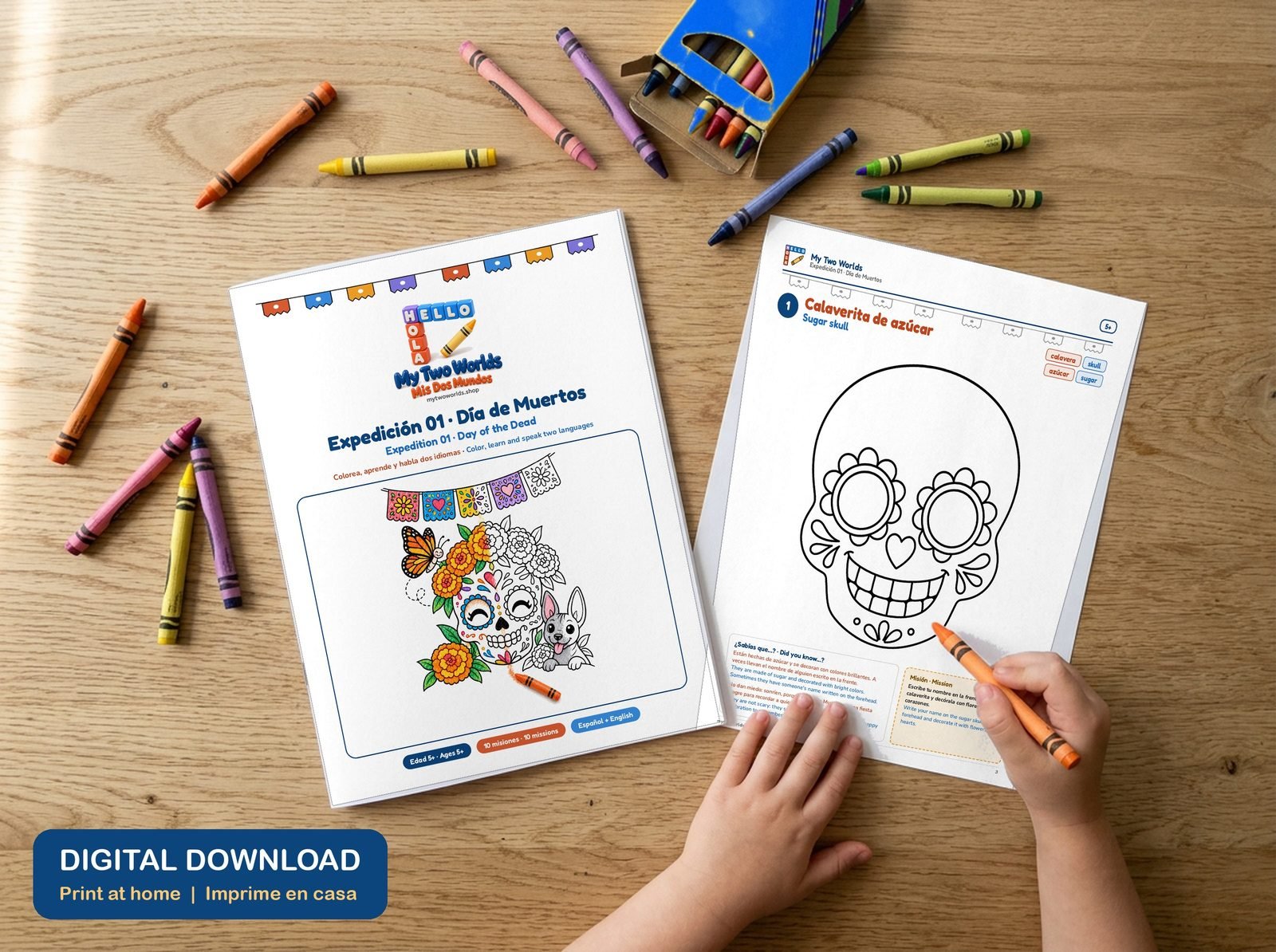 Expedición 01 · Día de Muertos impresa sobre una mesa, con crayones
